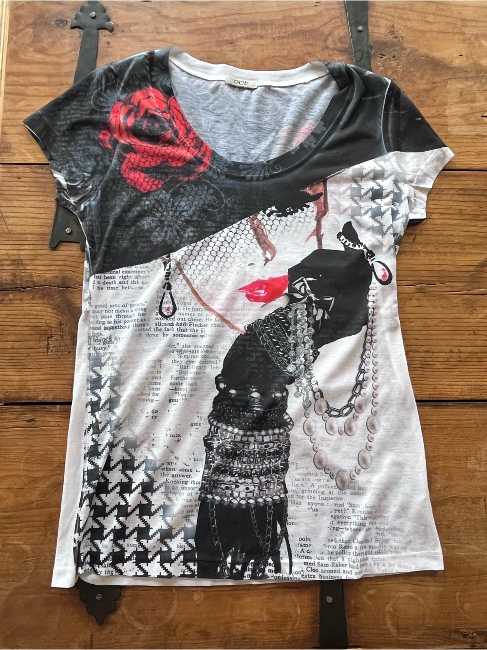Cache Scoop Neck Graphic Tee with Red Rose Accent
